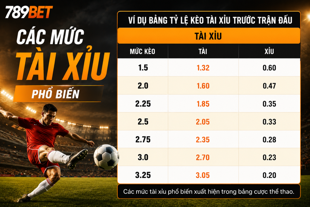 Các mức tài xỉu phổ biến xuất hiện trong bảng cược thể thao