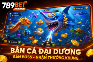 Giao diện Bắn Cá Đại Dương với đại dương rộng lớn, nhiều loài cá và Boss xuất hiện trên màn hình.