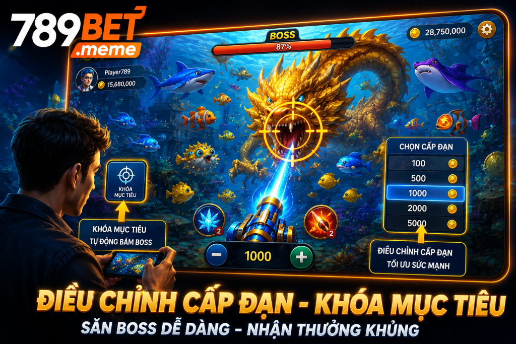 Người chơi điều chỉnh cấp đạn và khóa mục tiêu trước khi săn Boss trong Bắn Cá Đại Dương.
