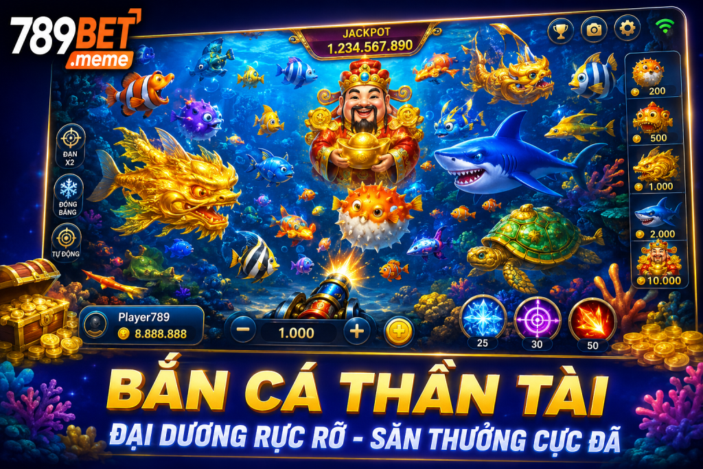 Giao diện Bắn Cá Thần Tài với đại dương rực rỡ và nhiều loài cá xuất hiện cùng lúc.