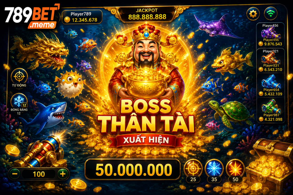 Boss Thần Tài xuất hiện trên màn hình cùng hiệu ứng vàng nổi bật.