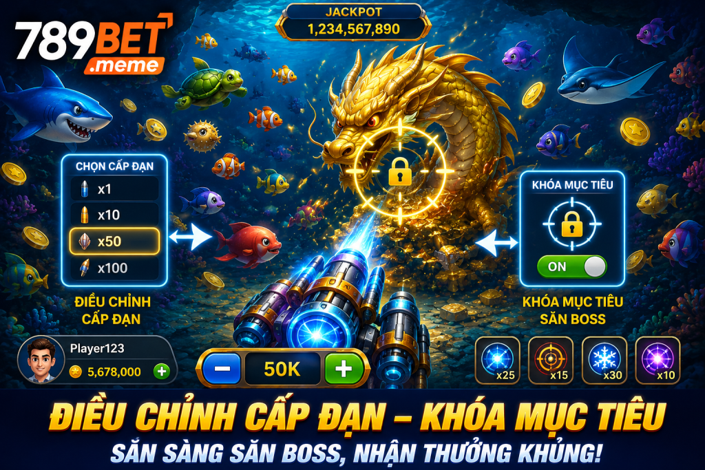 Người chơi điều chỉnh cấp đạn và khóa mục tiêu trước khi săn Boss trong Bắn Cá Xèng