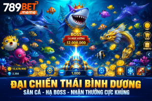 Giao diện Đại Chiến Thái Bình Dương với đại dương rộng lớn, nhiều loài cá và Boss xuất hiện trên màn hình.