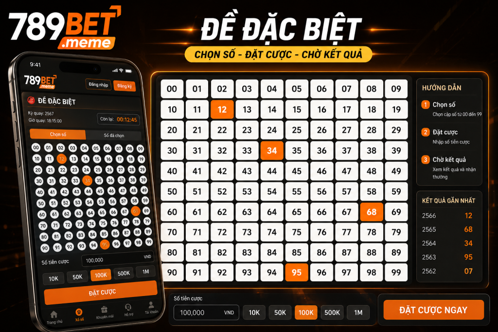 Giao diện chọn cược đề đặc biệt với bảng số từ 00 đến 99 và logo 789BET.