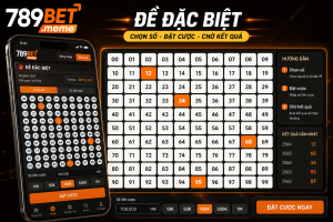 Giao diện chọn cược đề đặc biệt với bảng số từ 00 đến 99 và logo 789BET.