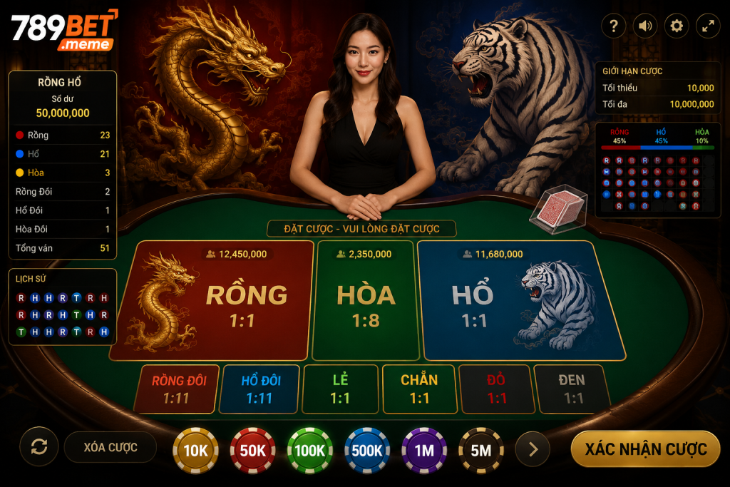 Giao diện bàn Rồng Hổ trực tuyến với hai vị trí Rồng và Hổ