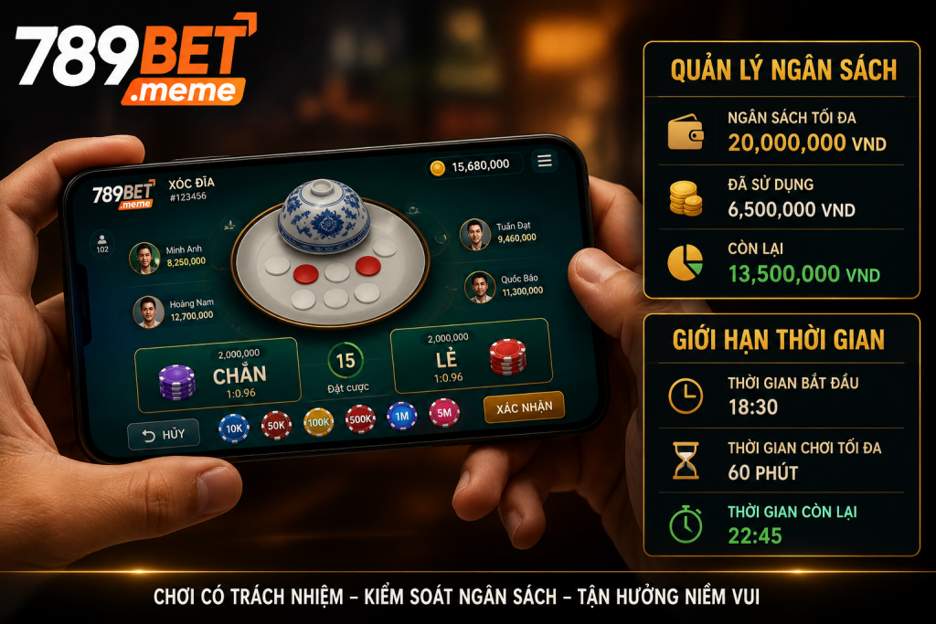 Người chơi theo dõi bàn Xóc Đĩa trên điện thoại, bên cạnh là bảng giới hạn ngân sách và thời gian chơi,